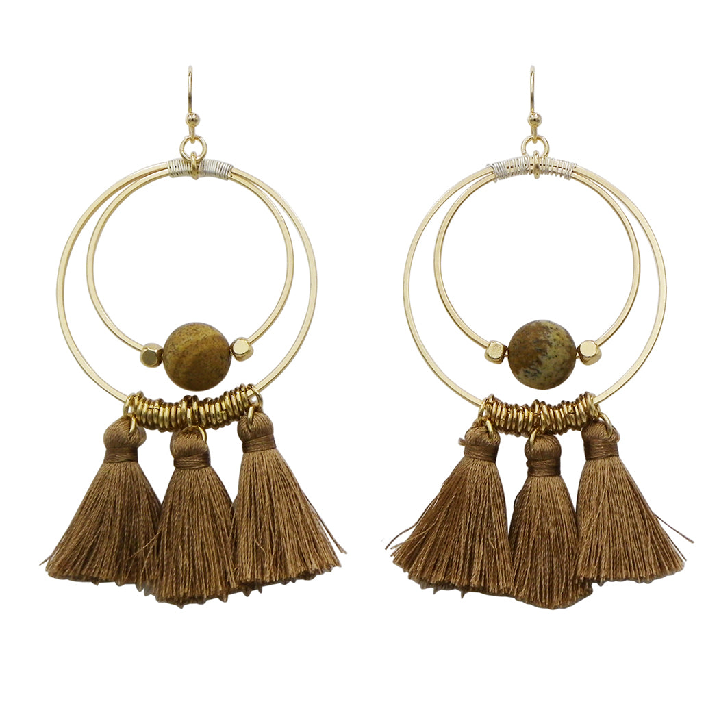 Stunning Natural Stone And Tassel Adorned Worn Gold Tone Statement Double Hoop Earrings, 3.25" (Brown)