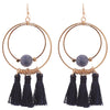 Stunning Natural Stone And Tassel Adorned Worn Gold Tone Statement Double Hoop Earrings, 3.25" (Blue)