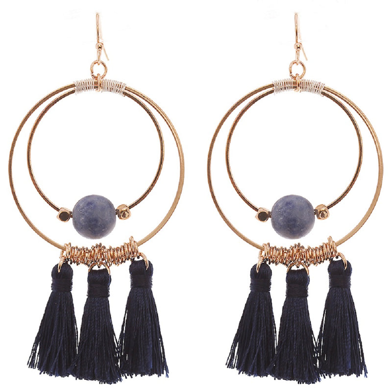 Stunning Natural Stone And Tassel Adorned Worn Gold Tone Statement Double Hoop Earrings, 3.25" (Blue)