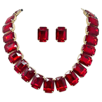 Stunning And Colorful Emerald Cut Crystal Rhinestone Statement Necklace Earrings Bridal Gift Set, 16.5"+3" Extender