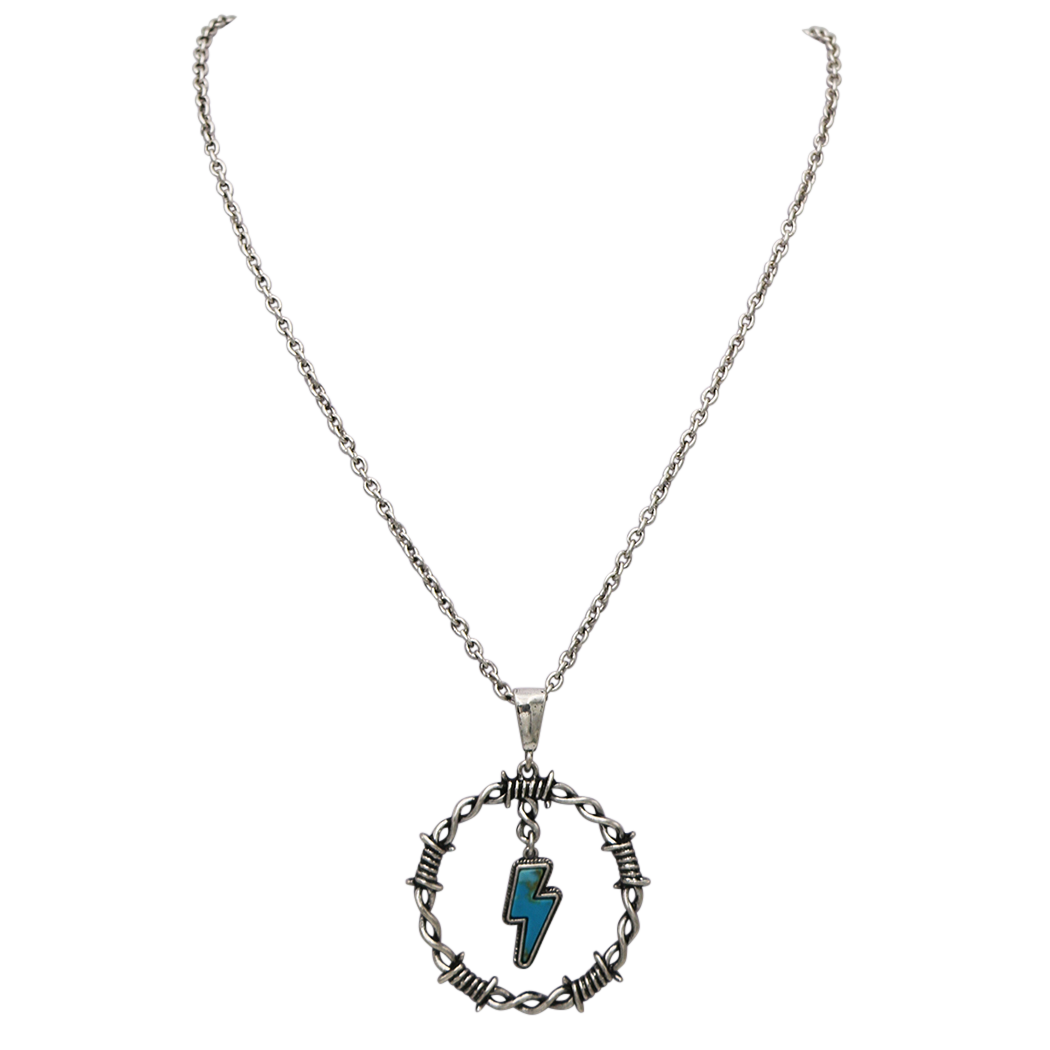 Western Turquoise Howlite Lightning Bolt Circle Pendant Necklace, Semi Precious Stone, 18"+3" Extender
