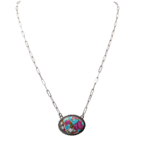 Western Navajo Squash Blossom or Oval Necklace, Pink and Turquoise Stone, Silver Beaded Frame, 18-21 Inch Chain with Extension, Southwestern Style (Oval)