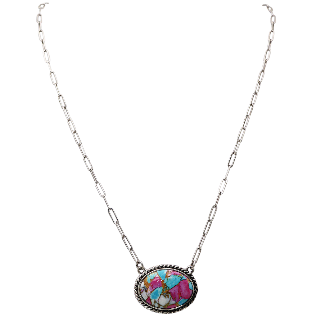 Western Navajo Squash Blossom or Oval Necklace, Pink and Turquoise Stone, Silver Beaded Frame, 18-21 Inch Chain with Extension, Southwestern Style (Oval)