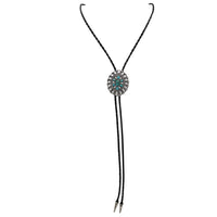 Vintage Feel Western Bolo Tie, Pendant with Silver Tone Accents, Black Braided Faux Leather, 37" (Burnished Silver Concho with Turquoise, Black)