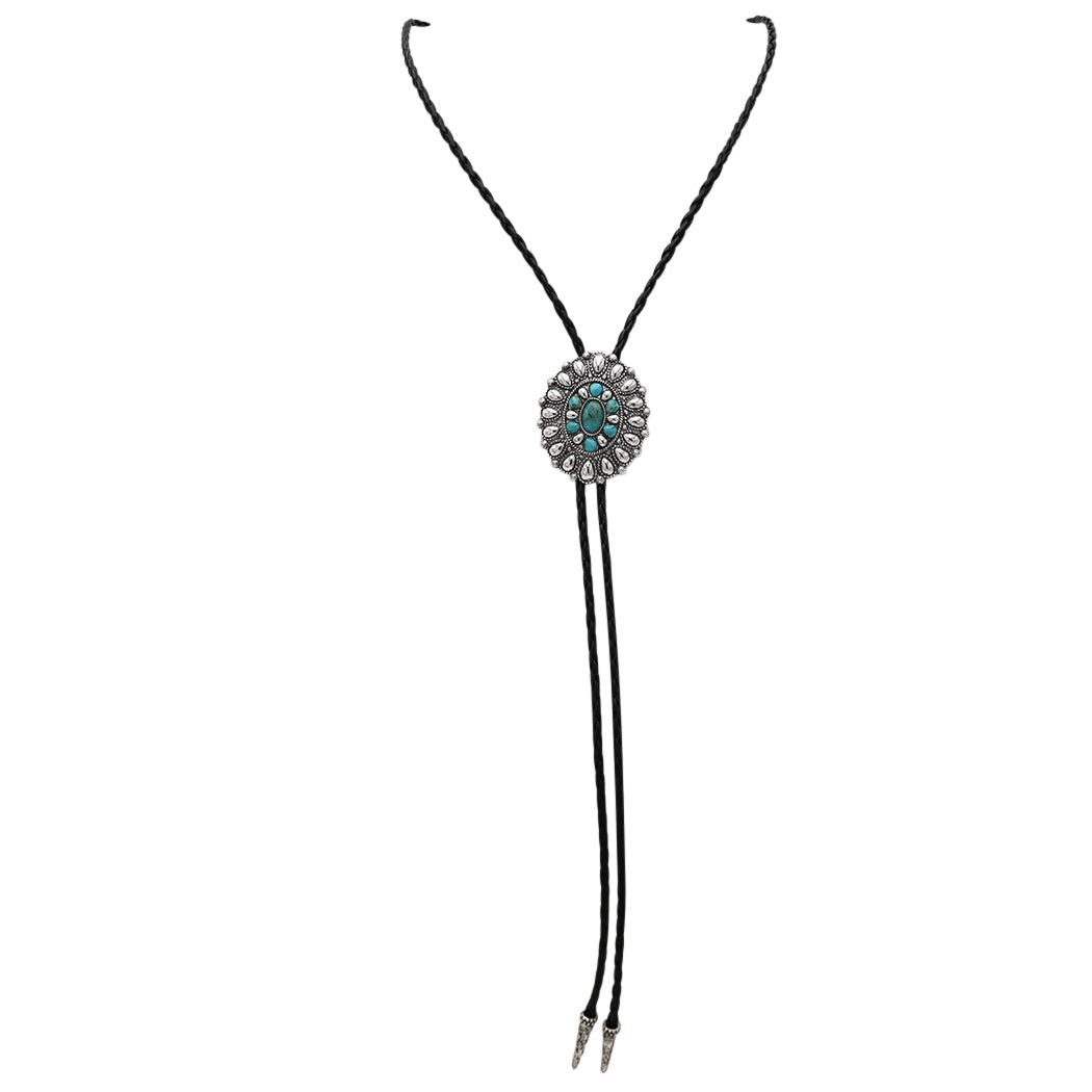Vintage Feel Western Bolo Tie, Pendant with Silver Tone Accents, Black Braided Faux Leather, 37" (Burnished Silver Concho with Turquoise, Black)