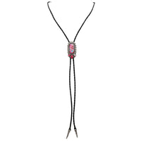 Vintage Feel Western Bolo Tie, Pendant with Silver Tone Accents, Black Braided Faux Leather, 37" (Burnished Silver, Pink Bar, Black)
