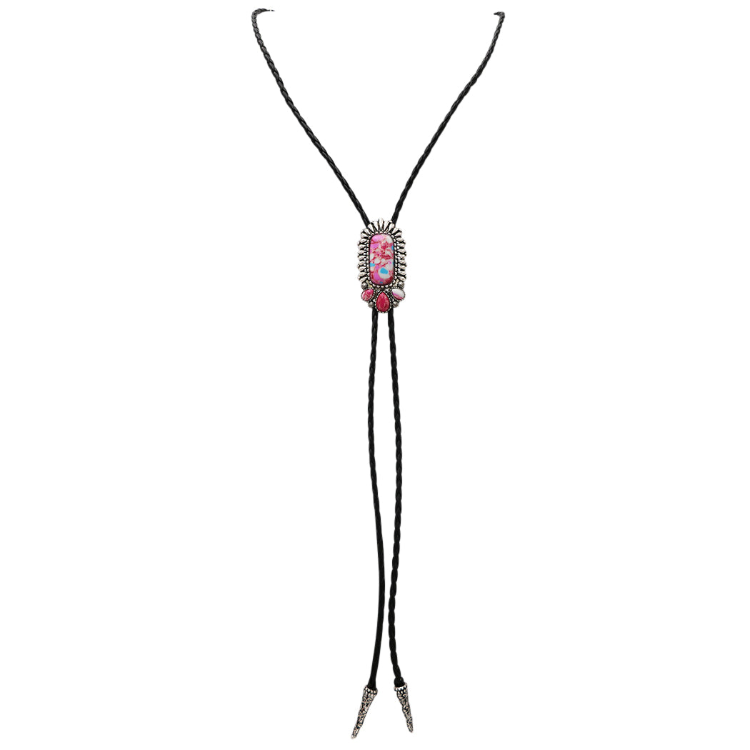 Vintage Feel Western Bolo Tie, Pendant with Silver Tone Accents, Black Braided Faux Leather, 37" (Burnished Silver, Pink Bar, Black)