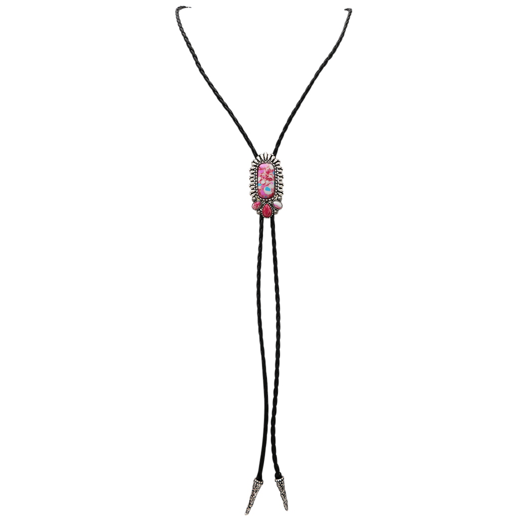 Vintage Feel Western Bolo Tie, Pendant with Silver Tone Accents, Black Braided Faux Leather, 37"