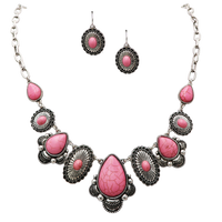 Stunning Statement Vintage Western Style Semi Precious Howlite Stone Necklace Earring Gift Set, 18"+3" Extender (Pink Concho)
