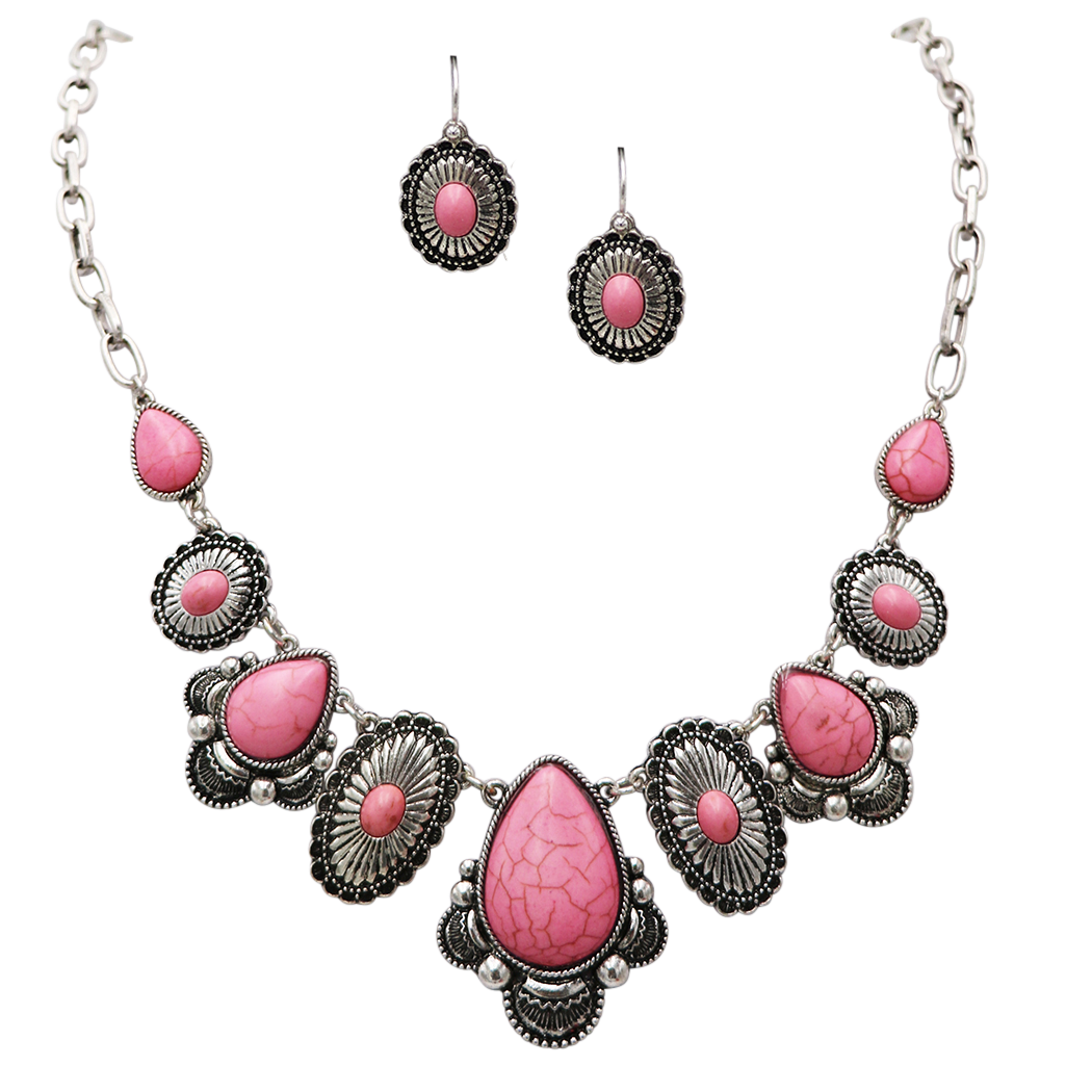 Stunning Statement Vintage Western Style Semi Precious Howlite Stone Necklace Earring Gift Set, 18"+3" Extender (Pink Concho)