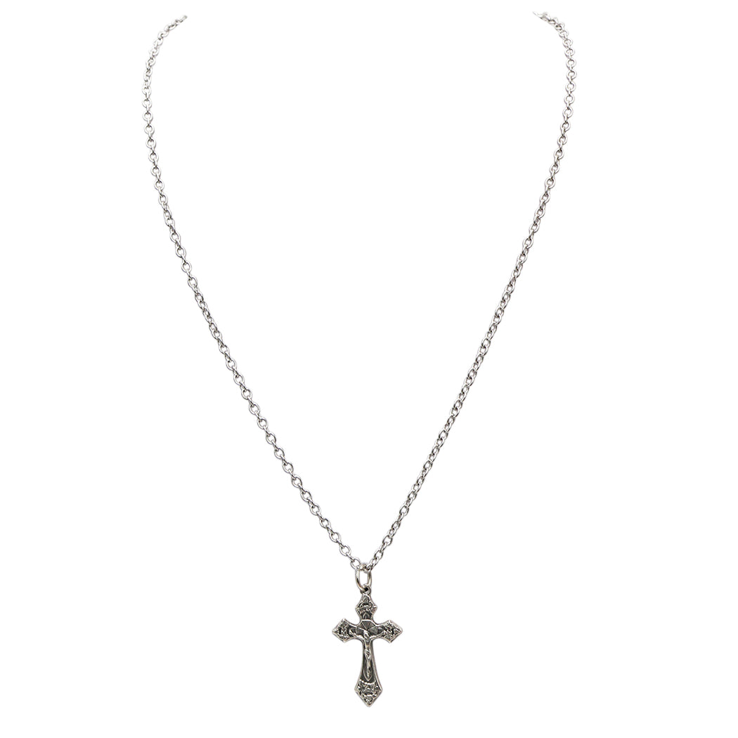 Religious Crucifix Cross Pendant Necklace (Silver Tone)