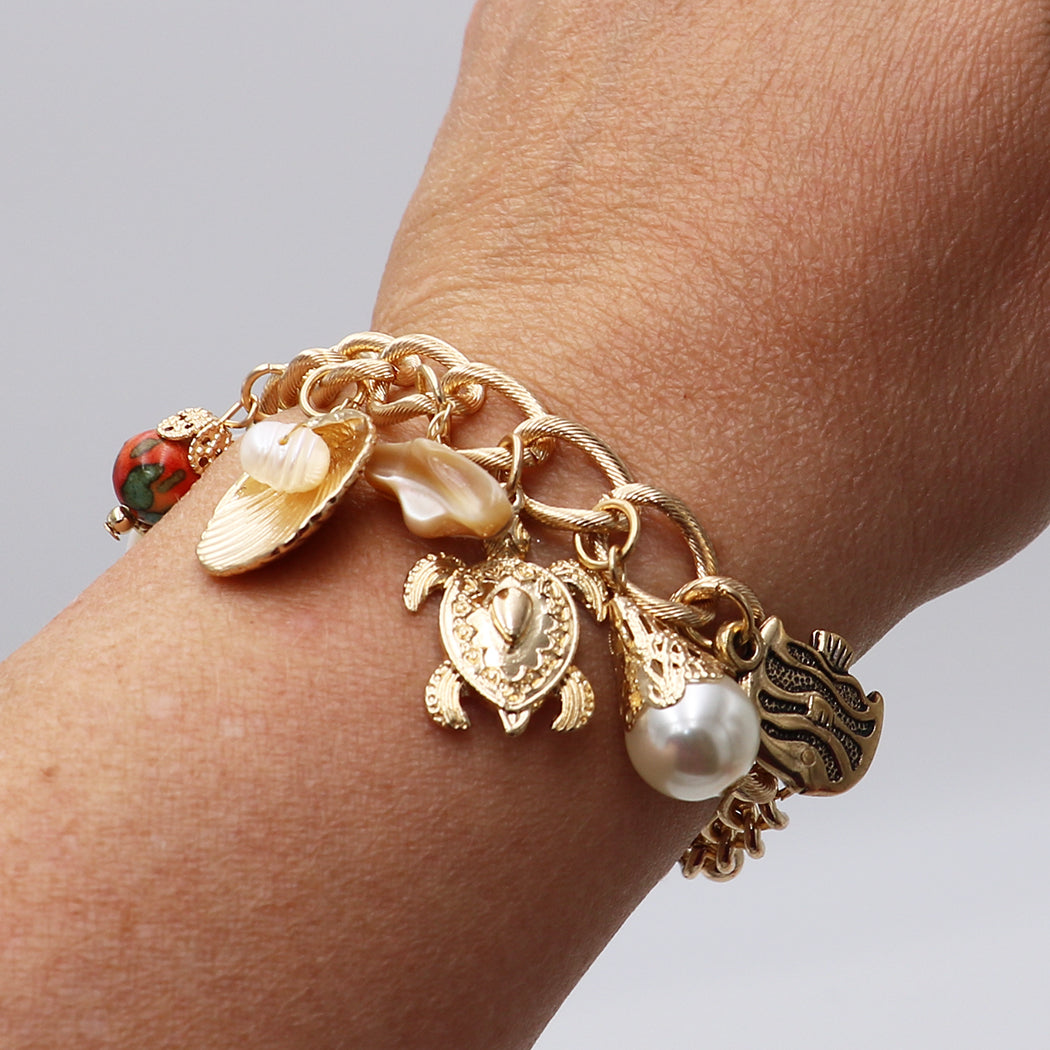 Stunning Natural Seashells Mixed With Turtle Starfish Dangling Faux Pearl Charms On Polished Gold Tone Textured Cable Link Chain (Charm Bracelet, 6.25"+1" Extender)