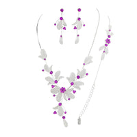 Women's 3 Piece Rhinestone Crystal And Metal Mesh Floral Statement Necklace Bracelet Earring Jewelry Set, 17"+4" Extender (Purple)