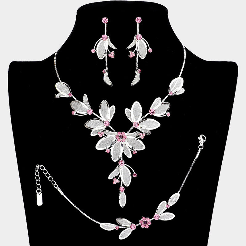 Women's 3 Piece Rhinestone Crystal And Metal Mesh Floral Statement Necklace Bracelet Earring Jewelry Set, 17"+4" Extender (Purple)