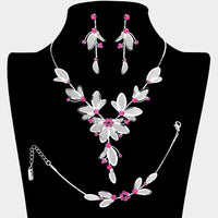 3 Piece Rhinestone Crystal And Metal Mesh Floral Statement Necklace Bracelet Earring Jewelry Set, 17"+4" Extender (Fuchsia Pink)