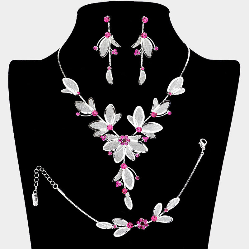 3 Piece Rhinestone Crystal And Metal Mesh Floral Statement Necklace Bracelet Earring Jewelry Set, 17"+4" Extender (Fuchsia Pink)