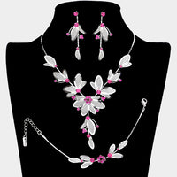 Women's 3 Piece Rhinestone Crystal And Metal Mesh Floral Statement Necklace Bracelet Earring Jewelry Set, 17"+4" Extender