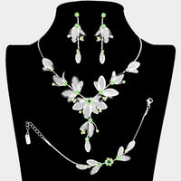 Women's 3 Piece Rhinestone Crystal And Metal Mesh Floral Statement Necklace Bracelet Earring Jewelry Set, 17"+4" Extender