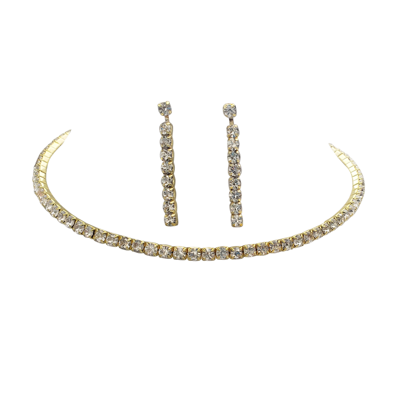 Chic Crystal Rhinestone Memory Wire Claspless Choker Necklace Post Back Dangle Earrings Gold Tone Jewelry Set