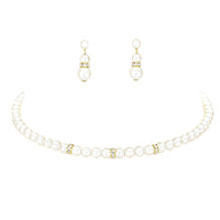 Chic Simulated Pearl With Crystal Detail On Memory Wire Choker Necklace Earrings Bridal Jewelry Set, 12"+3" Extender