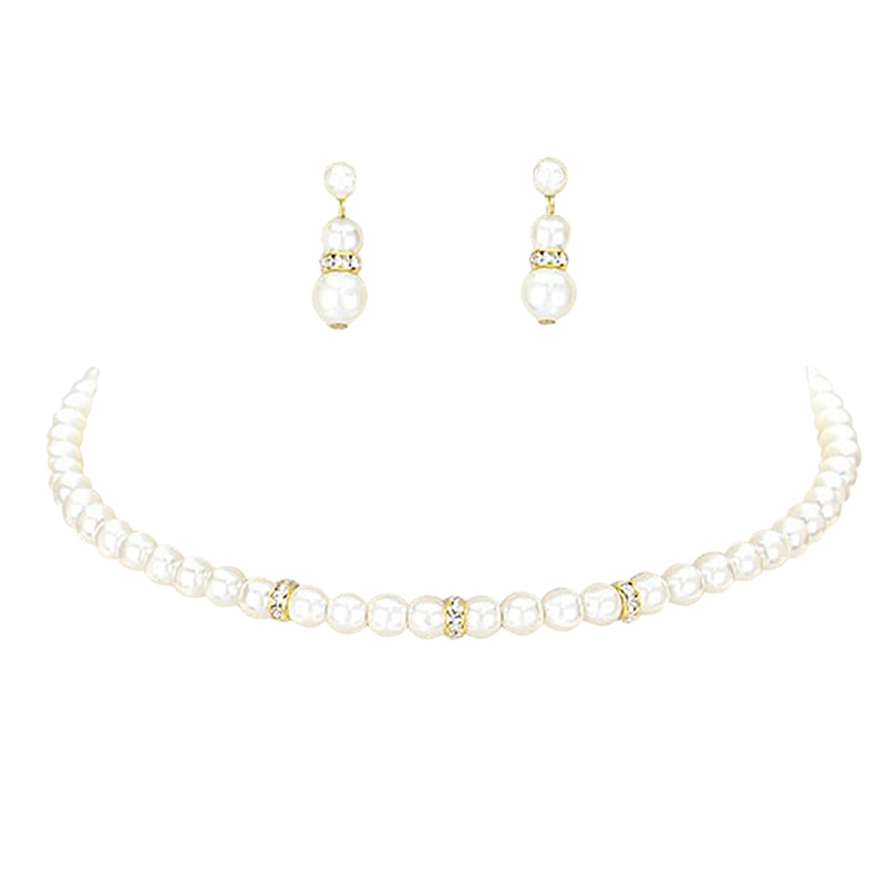 Chic Simulated Pearl With Crystal Detail On Memory Wire Choker Necklace Earrings Bridal Jewelry Set, 12"+3" Extender