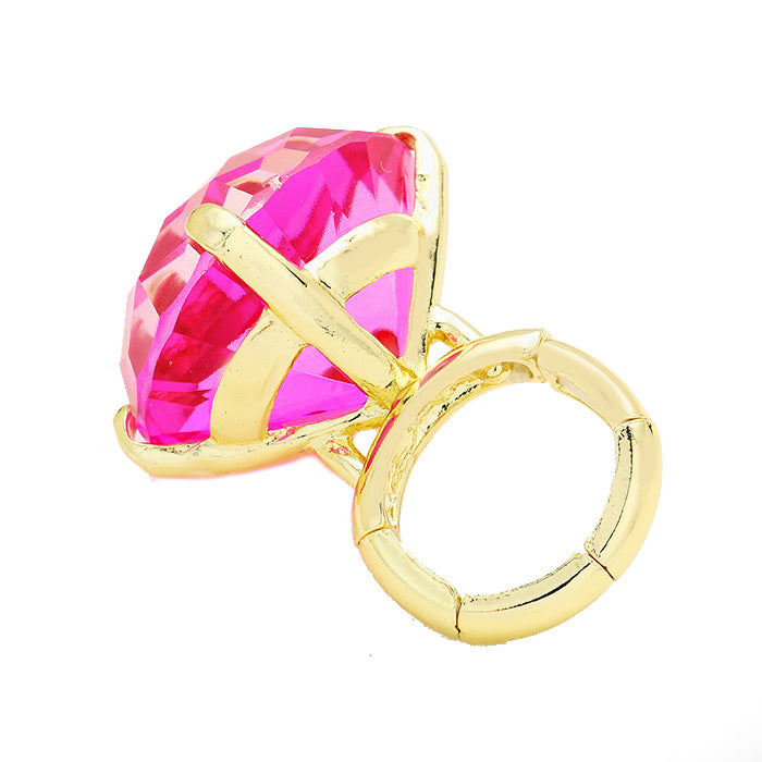 Women's Stunning Round Cut Fuchsia Pink Crystal On Gold Tone Stretch Band Statement Cocktail Ring Barbie Costume Jewelry Bling, 1.5"