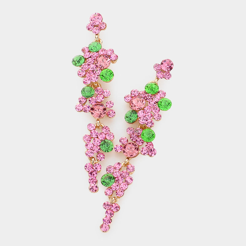 Stunning Crystal Rhinestone Statement Bubble Dangle Earrings 3.25 Inches (Pink With Green Crystal Gold Tone)