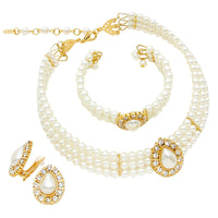 Teardrop Simulated Pearl And Rhinestone Crystal 3 Piece Choker Necklace Cuff Bracelet And Clip On Earrings Bridal Set