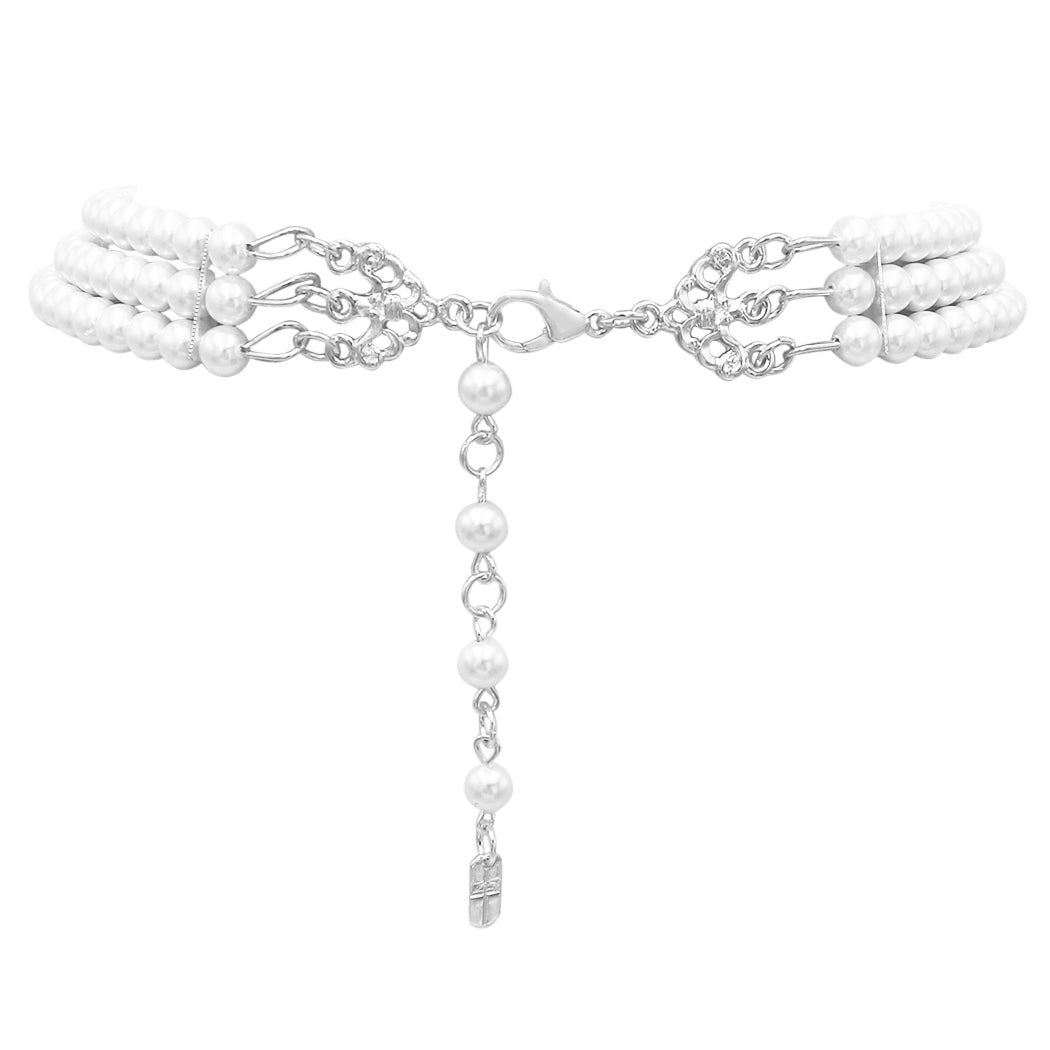 Teardrop Simulated Pearl And Rhinestone Crystal 3 Piece Choker Necklace Cuff Bracelet And Clip On Earrings Bridal Set