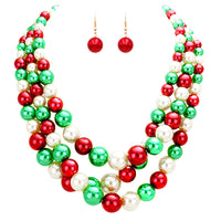 Women's 3 Colorful Multi Strands Simulated Pearl Necklace And Earrings Jewelry Gift Set, 18"+3" Extender