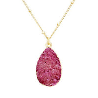 Women's Stunning Teardrop Natural Druzy Stone Purple Pendant Necklace, 16"+3" Extender (Raspberry Purple)