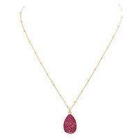 Women's Stunning Teardrop Natural Druzy Stone Purple Pendant Necklace, 16"+3" Extender (Raspberry Purple)