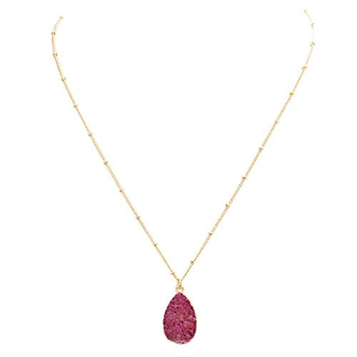 Women's Stunning Teardrop Natural Druzy Stone Purple Pendant Necklace, 16"+3" Extender (Raspberry Purple)