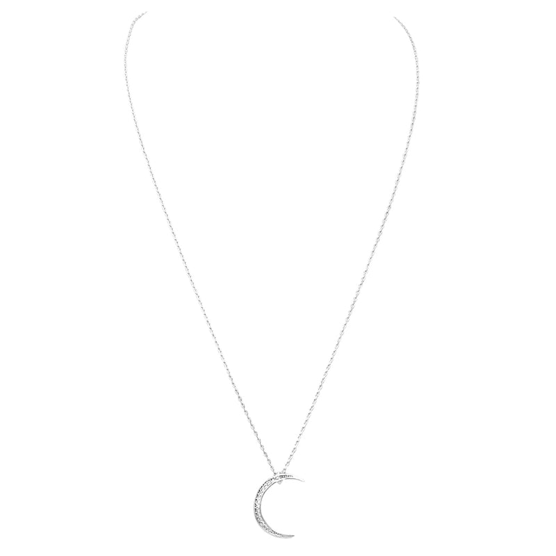 Mesmerizing Celestial Crescent Moon With Premium Cubic Zirconia Crystals Pendant Necklace, 16"+2" Extender (14K White Gold Dipped)