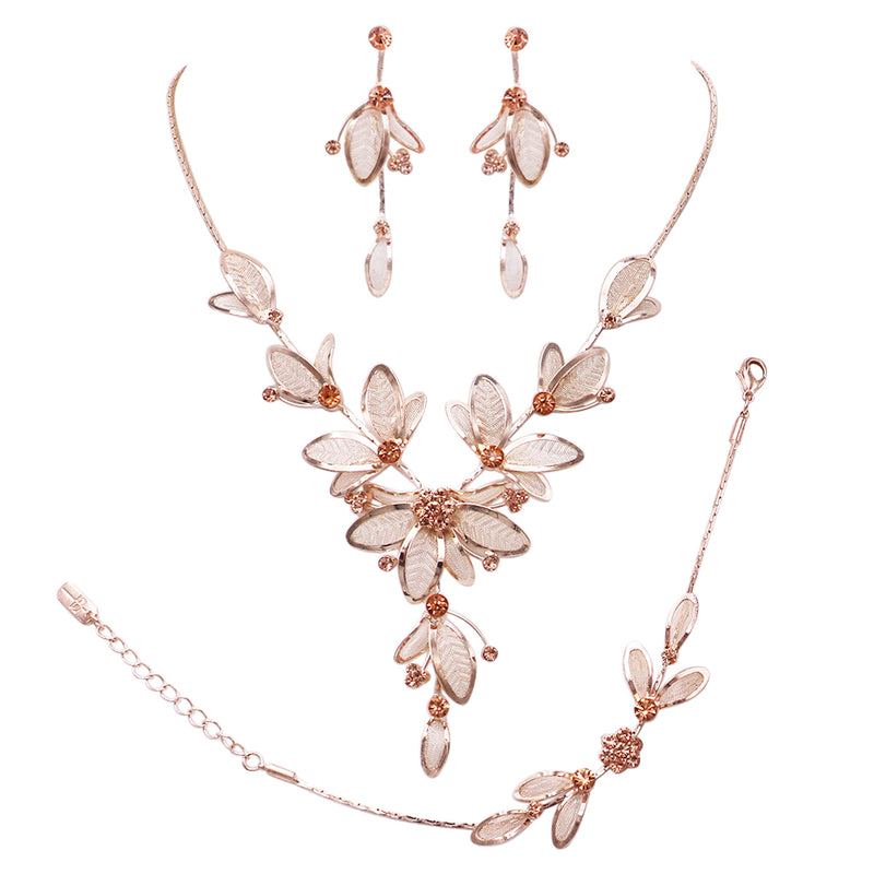 Women's 3 Piece Rhinestone Crystal And Metal Mesh Floral Statement Necklace Bracelet Earring Jewelry Set, 17"+4" Extender