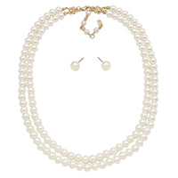 Stunning Classic Double Strand Of Simulated Pearls Necklace And Earring Gift Set, 20"+2.5" Extender