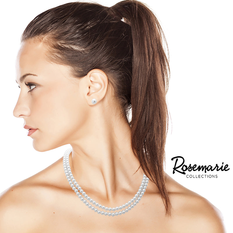 Stunning Classic Double Strand Of Simulated Pearls Necklace And Earring Gift Set, 20"+2.5" Extender