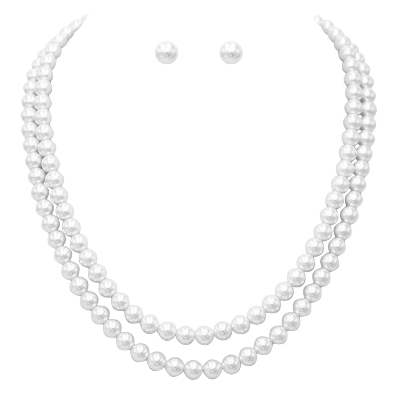 Stunning Classic Double Strand Of Simulated Pearls Necklace And Earring Gift Set, 20"+2.5" Extender