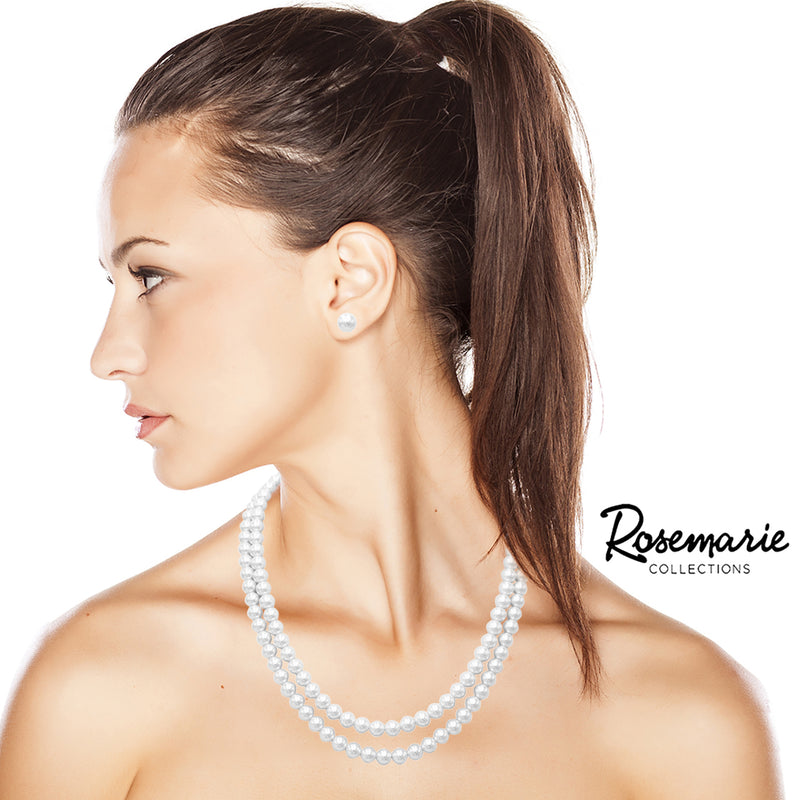Double Strand Classic Simulated Pearl Necklace and Earring Jewelry Set, 20"+ 2.5" Extender (8mm White Pearl Silver Tone)