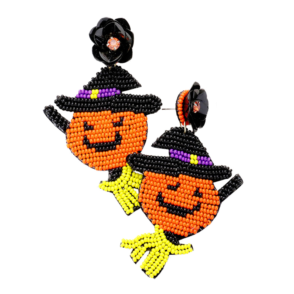Decorative Seed Bead Halloween Pumpkin Earrings, 2.75"-3.5" (Jack-O-Lantern Flying Witch)