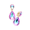 Double Teardrop Statement Glass Crystal Rhinestone Dangle Clip On Bridal Earrings, 2" (AB Violet Purple Crystal Gold Tone)