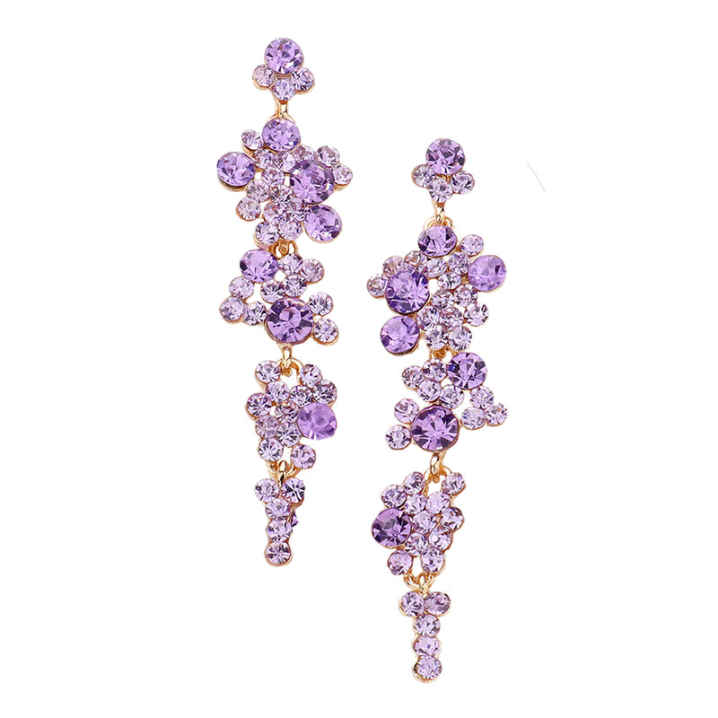 Women's Stunning Crystal Rhinestone Bubble Dangle Statement Earrings, 3.25" (Violet Purple Gold Tone)