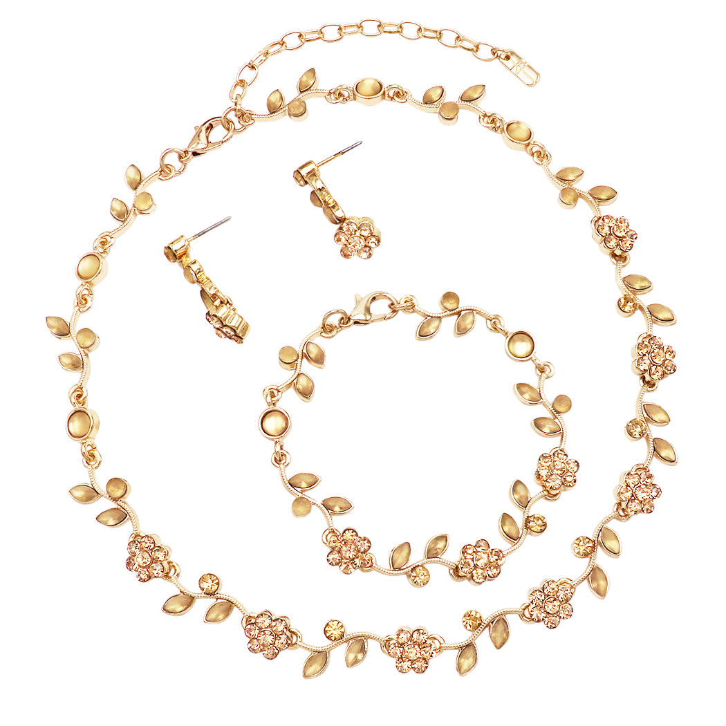 Stunning 3 Piece Metal Vine Crystal Flower Choker Necklace Dangle Earrings Bracelet Bridal Set, 14"-17" with 3" Extender (Gold Tone)