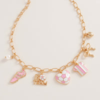 Gold Tone Sports Charm Necklace with Bow, Pearl, Ball, 16-19 Inch with 3 Inch Extension (Soccer Gold and Pink)