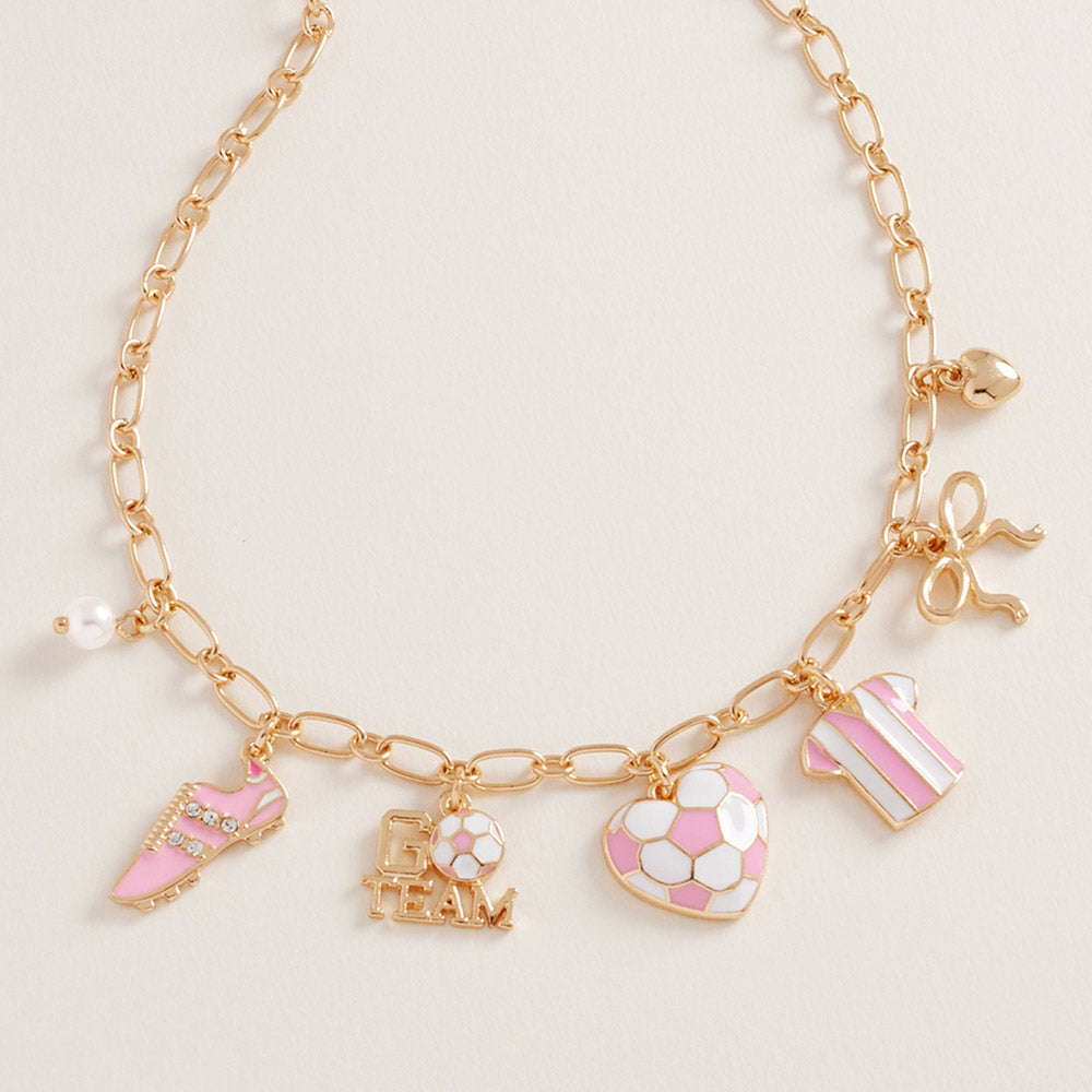 Gold Tone Sports Charm Necklace with Bow, Pearl, Ball, 16-19 Inch with 3 Inch Extension (Soccer Gold and Pink)