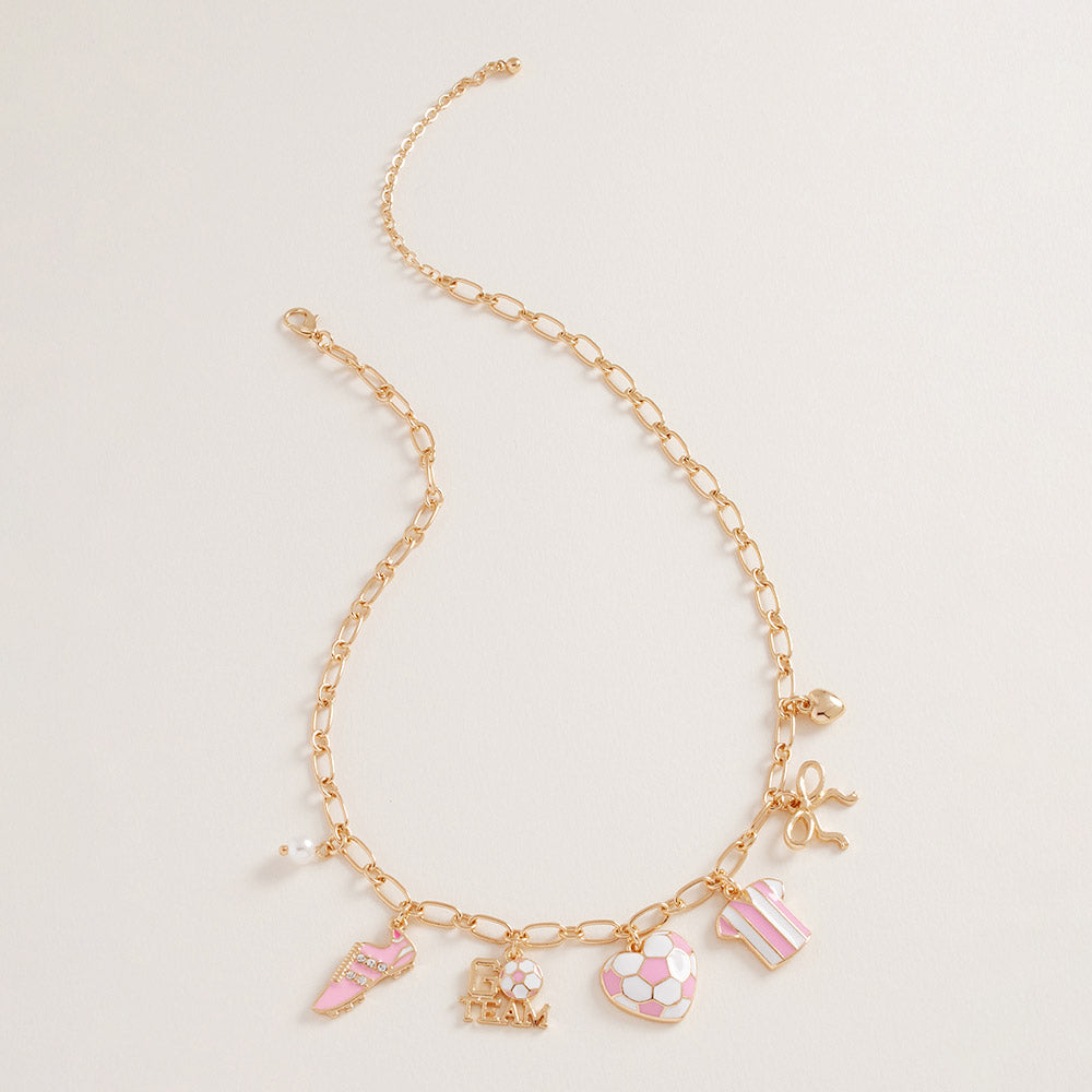 Gold Tone Sports Charm Necklace with Bow, Pearl, Ball, 16-19 Inch with 3 Inch Extension (Soccer Gold and Pink)