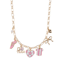 Gold Tone Sports Charm Necklace with Bow, Pearl, Ball, 16-19 Inch with 3 Inch Extension (Soccer Gold and Pink)