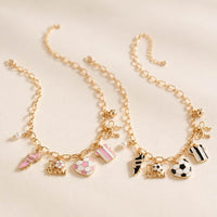 Gold Tone Sports Charm Necklace with Bow, Pearl, Ball, 16-19 Inch with 3 Inch Extension (Soccer Gold and Pink)