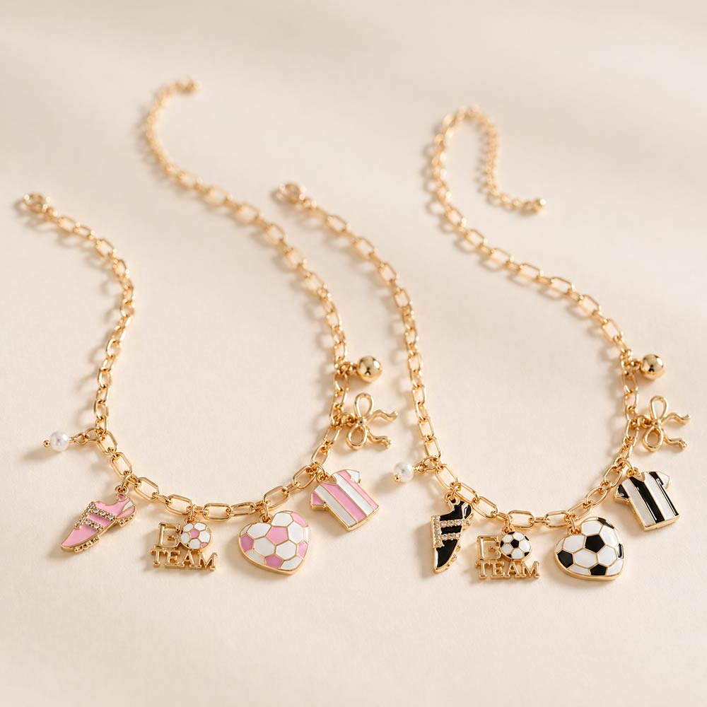 Gold Tone Sports Charm Necklace with Bow, Pearl, Ball, 16-19 Inch with 3 Inch Extension (Soccer Gold and Pink)