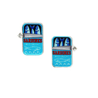 Sardine Can Stud Earrings, Wild Caught Fish Design, Silver Metal Alloy with Crystal, 0.7 Inch, Hypoallergenic Titanium Post